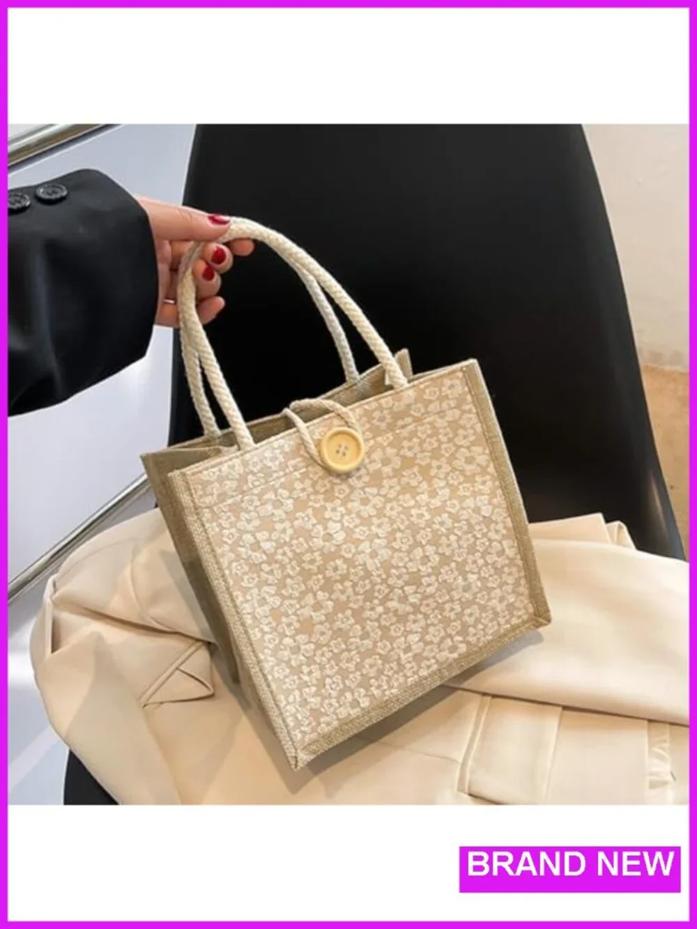 2pcs Jute Tote Bag Embroidered Reusable Grocery Shopping Bento Bag
